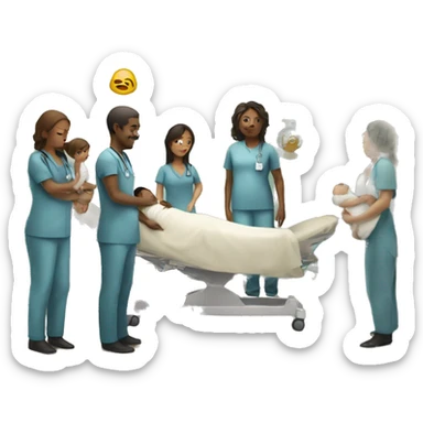a woman gives birth and doctors stand nearby sticker