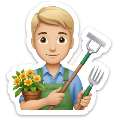young white male gardener with gardening tools sticker