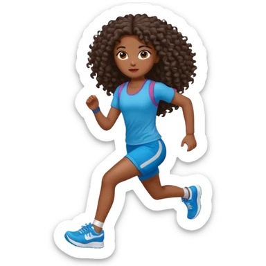 Uma boneca morena escura com olhos castanhos e cabelo cacheado longo até o peito, treinando correndo sticker