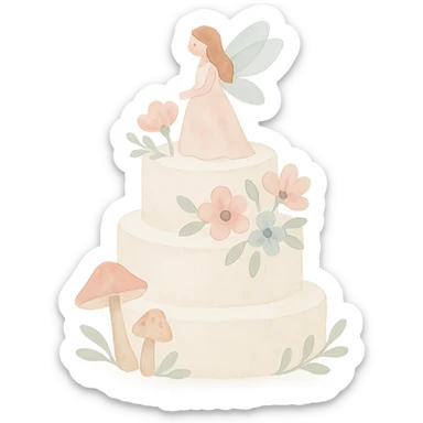 watercolor art illustration of a whimsical fairy wedding cake with flowers and mushrooms, calm pastel colors, white background, designed for sticker printing sticker