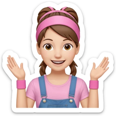 white woman with brown hair  tied together with one elastic pony tail. wearing a light pink thin width headband, Has a pink t-shirt with denim overalls. enthusiastic expression with big smile sticker