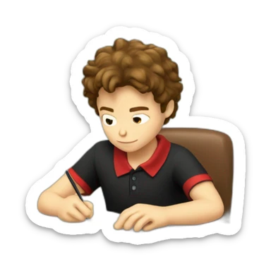 Caucasian-boy-child-shaggy-brown-hair-red-polo-shirt-black-trousers-doing-homework sticker