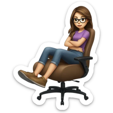 girl with brown hair sitting on a gaming chair, glasses, light skin sticker