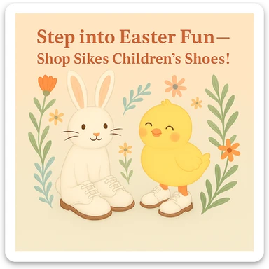 Swap the shoes between the chick and the rabbit in the Easter-themed Instagram post. The chick should now be wearing the classic white lace-up children's shoes, and the rabbit should wear whatever shoes the chick had previously. Keep the pastel background, floral accents, and the headline: 'Step into Easter Fun—Shop Sikes Children’s Shoes!'. No logo present. sticker