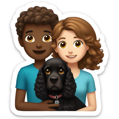 brown-haired girl and brown-haired boy with a black cocker spaniel sticker