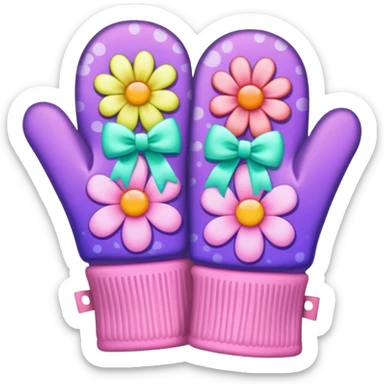 Psychedelic colored hippie style mittens with a flower and pale pink bow sticker