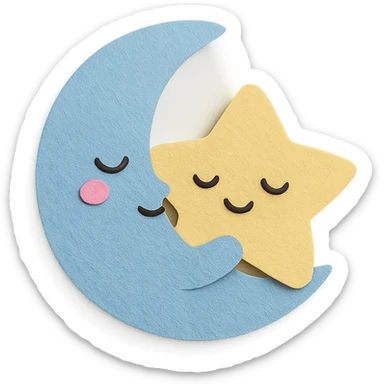 kawaii sleepy blue moon snuggling plush star, soft pastel palette, no arms or legs, full body sticker