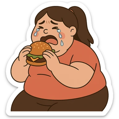 flat toon style fat girl crying and eating a burger sticker