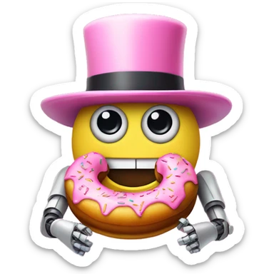 Robot wearing a pink bowler hat with a donut sticker