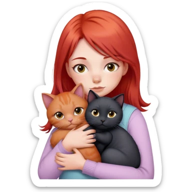 
a girl with red hair in pastel clothes hugs a black British cat sticker
