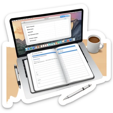 online booking system on MacBook screen next to an old-style paper notebook with a pen, both fully visible, no background, no cut-off edges sticker