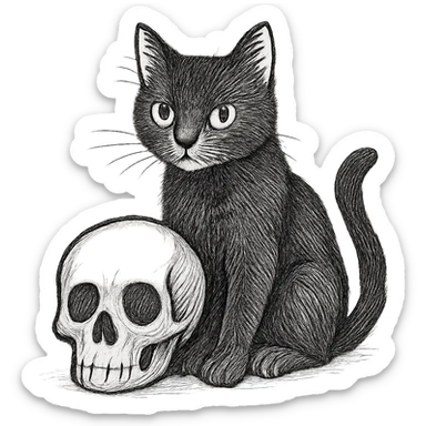 Make the black cat more detailed while keeping the hand-drawn sketch line art style, with no background. sticker