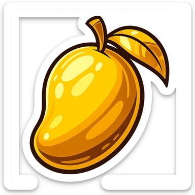 A mango made out of solid gold, cartoonish and vibrant, with exaggerated features sticker