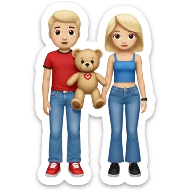 A boy and a girl teddy bear for the boy bear put on true religion shirt and jeans with black shoes and for the girl put flare jeans and a red tube top and white shoes just bears not the humans  sticker