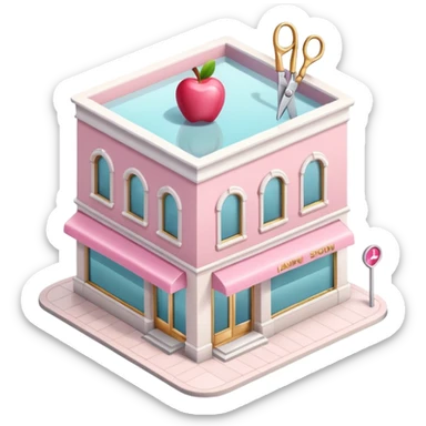A high-quality 3D emoji of a luxury beauty salon building. The design is isometric, featuring a soft pink and white facade with a large glass storefront. Include a small golden scissors and a lipstick icon on the signage above the door.Apple emoji style, sticker