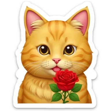 Cute emoji-style yellow tabby cat holding a red rose in its mouth, big round eyes, fluffy fur, clean mascot style, centered, transparent background, 1:1 ratio. sticker