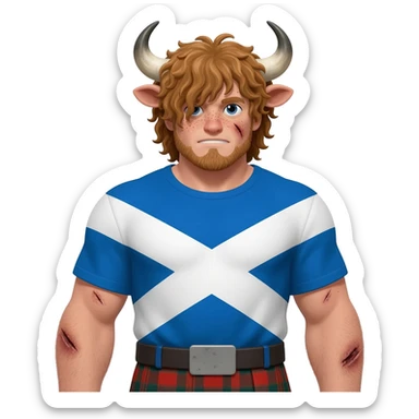 big buff curly man with scars on his face with freckles with messy light brown bangs that covers his face completely with bull horns and bull ears and bull tail dressed in kilt with big scottish flag sticker