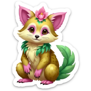Colorful brown with rose-pink, yellow-beige-cream, jade-green tropical exotic shiny beautiful fantasy-Vernid-Cacomistle-animal-Fakémon-hybrid-fursona (full body) sticker