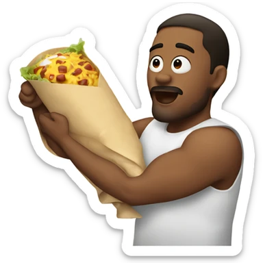 man holding a burrito like a baby with kiss marks on it sticker