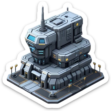 StarCraft-inspired, isometric RTS building with a rugged Terran look: thick metal plating, rivets, subtle wear, and a gunmetal palette plus one accent color. Add minimal glowing panels for a high-tech feel. Keep it compact—like a forward outpost—and show it from a clean isometric angle, emphasizing an industrial sci-fi style and clear silhouette. sticker