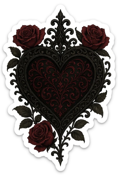 romantic goth heart with roses, gothic style, black and deep red, ornate sticker