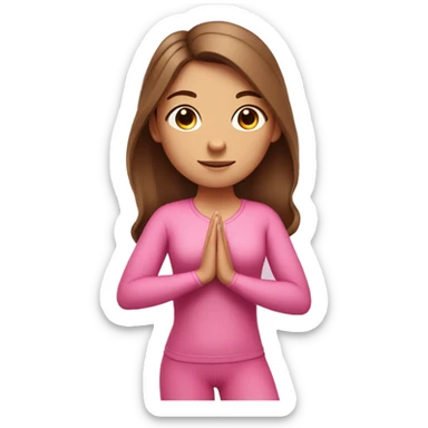 A girl with brown long hair and fair skin stands in a yoga pose in a pink suit sticker
