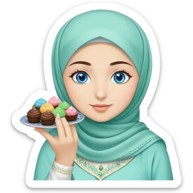 Turkish beautiful finish Konya girl blue eyes with mint hijab islamic dress and had on her hand text Eid Mubarak with sweets and celebrating with her friends eid days   sticker