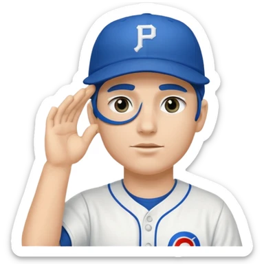 Baseball player, saluting, under eye black stickers, blue hat with P sticker