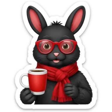 Black rabbit, wearing red glasses, red scarf, holding coffee mug
 sticker