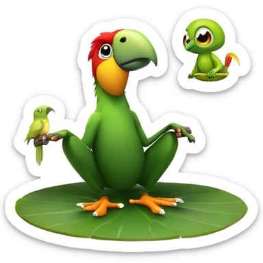 Kung fu parrot sitting on a lily pad with num chucks next to it  sticker