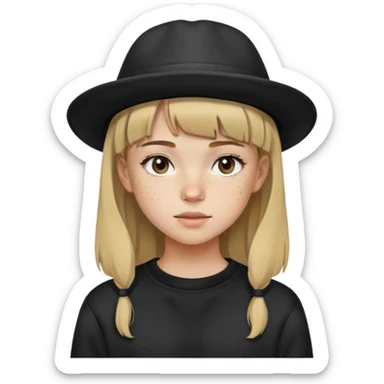 Girl with smallbangs and dirty blonde hair wearing a black hat and black sweatshirt with freckles sticker