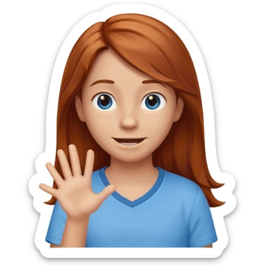 shrugging happy emoji tween long auburn hair light blue shirt with a darker blue L sticker