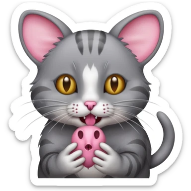 A cat with a gray dead mouse in its mouth sticker
