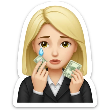 Woman wiping her tears away with cash  sticker