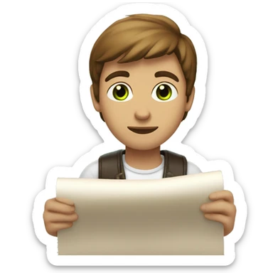 a light-skinned green-eyed man with brown hair sitting in front of the long white paper scroll sticker
