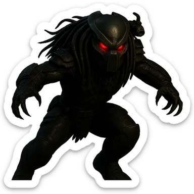 Make the Predator look even more menacing with a sharper mask, glowing red eyes, a more aggressive pose, and darker armor. Remove the background to isolate the subject. sticker