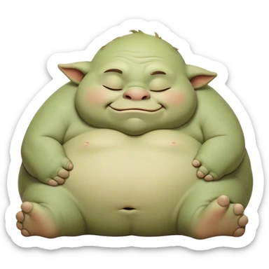 Meme-Worthy Cute Sleeping Ogre Portrait Emoji, with a surprisingly endearing, plump figure in soft earthy greens and browns, head drooping gently with closed, relaxed eyes and a content, sleepy grin, simplified yet adorably detailed, glowing with a soft warm outline that captures the peaceful slumber of a friendly ogre after a day of gentle mischief! sticker