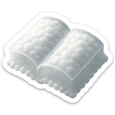 top view of a thick open book made entirely of small, very bright white fluffy convex clouds, matte glass style sticker