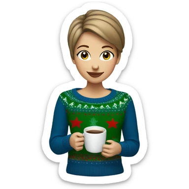 Light brown short haired girl with green eyes drinking coffee wearing blue Christmas sweater sticker