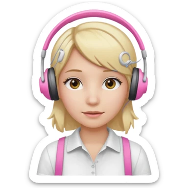 girl with blonde hair, white shirt and pink headset sticker