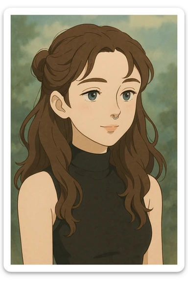 character with brunette half-up long wavy hair, blue-grey eyes, black high neck tank top, and a septum piercing, soft ghibli-inspired style sticker