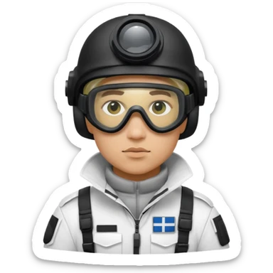 A Finnish modern soldier in a white snow uniform. with black night vision goggles sticker