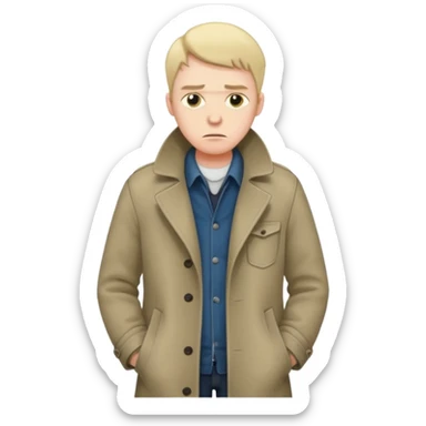 A sad man turns his pockets outside out and looks sadly at the camera sticker