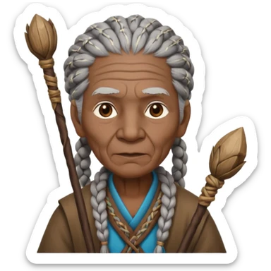 An elderly tribal leader with gray braids, wooden staff, and warm wise eyes.
 sticker