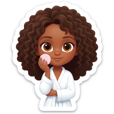Menina parda,de olhos castanhos claros, com cabelos grandes encaracolados e um roupão branco e cosa fazendo skin care sticker