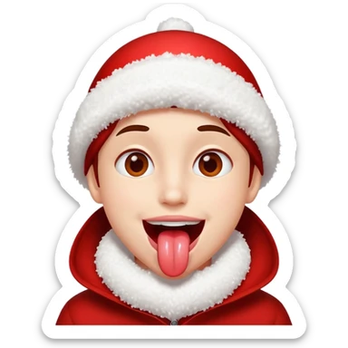 Someone got hit with a snowball and has snow on their face but is happy and smiling with their tongue out but their eyes are red sticker