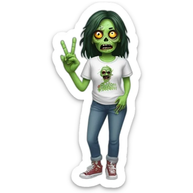 A Zombie Wearing a t-shirt with the text "Miss Bourbon" and making the peace sign sticker
