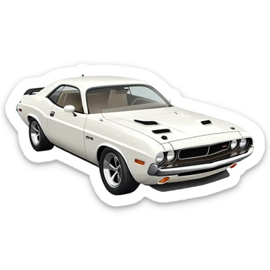 Sleek white 1971 Dodge Challenger, simplified design, complete white color scheme, slight angle showing front and side, detailed but minimalist, iOS emoji style sticker