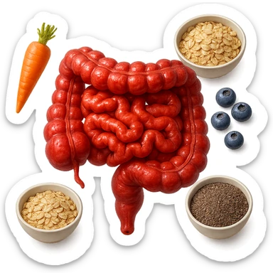 intestino umano anatomico infiammato al centro con carota, bowl di avena, mirtilli, bowl di semi di chia che gli fluttuano intorno , iperrealistico 4k sticker