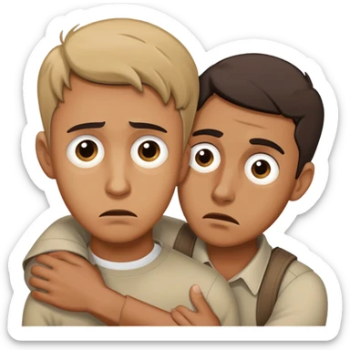 man with anxious worried expression desperately clinging and holding onto someone with fearful abandoned look in his eyes sticker